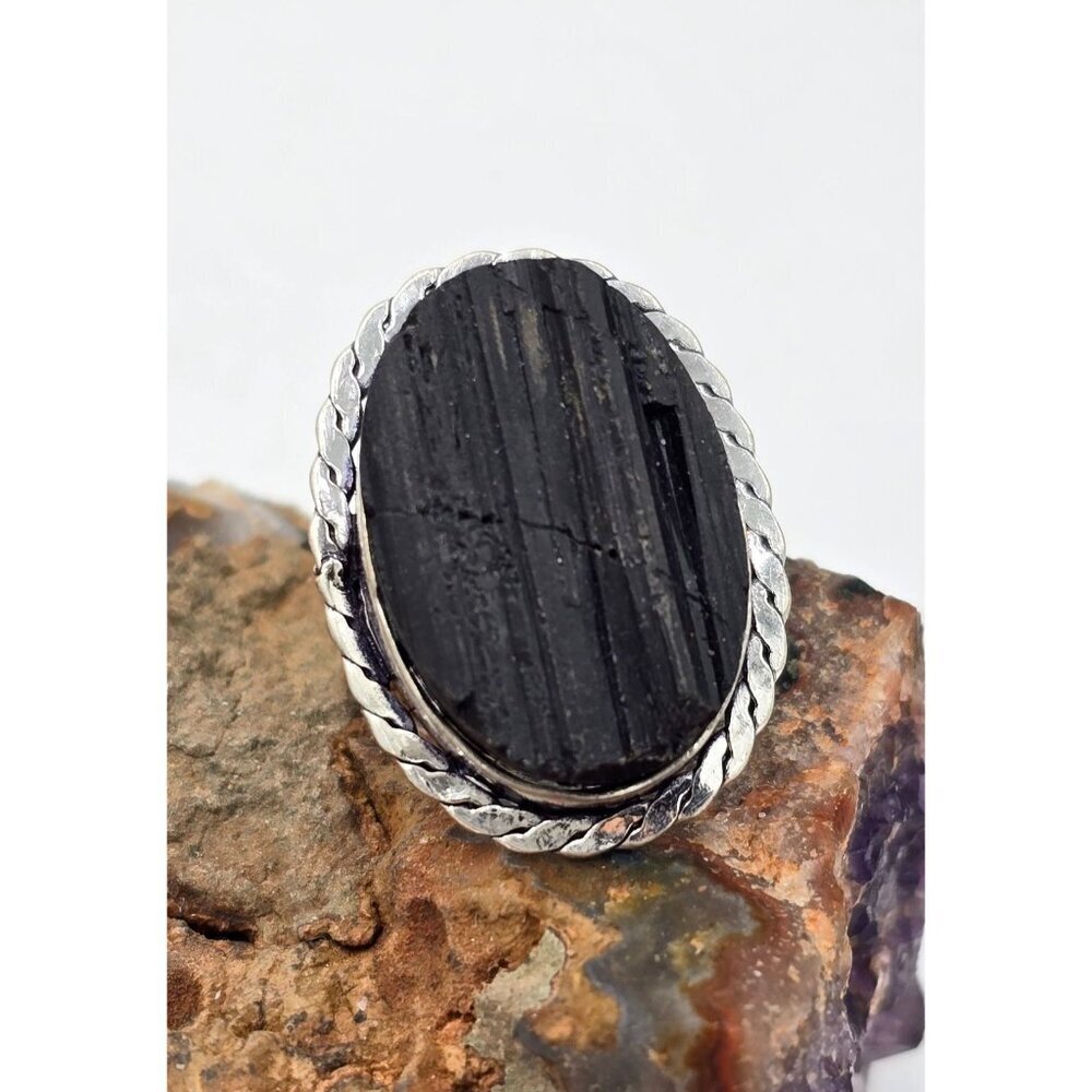 925 Sterling Silver Plt Black Tourmaline Size 8 Bezel Setting Fine Jewelry - Picture 1 of 8
